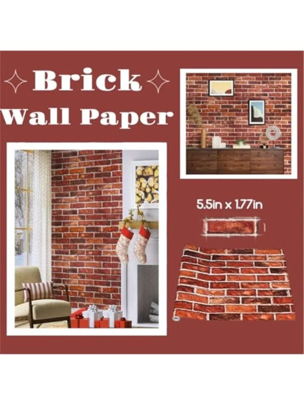 Red Brick Peel & Stick Wallpaper Removable Vinyl Contact Paper Fireplace 17x118